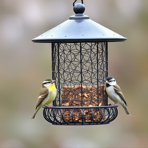 Metal mesh bird feeder with small birds