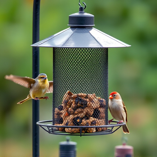 Metal mesh bird feeder with small birds