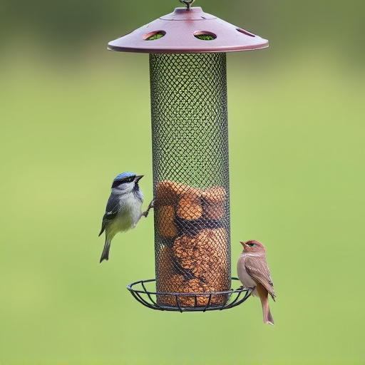 Metal mesh bird feeder with small birds