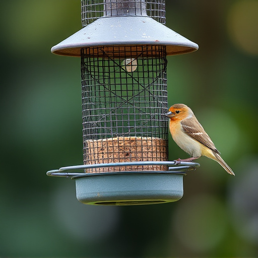 Metal mesh bird feeder with small birds