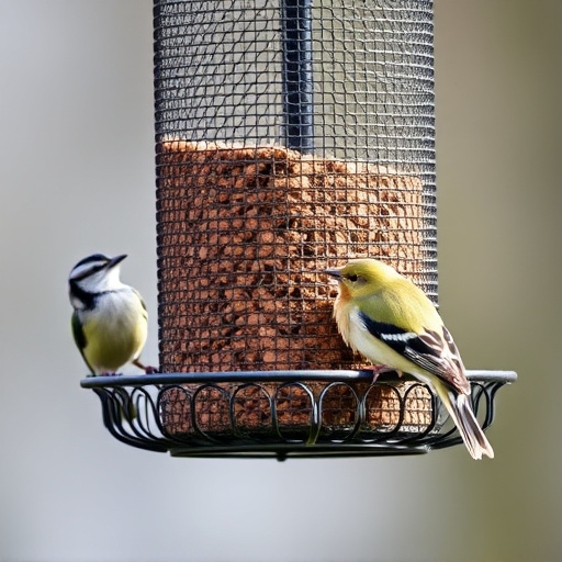 Metal mesh bird feeder with small birds