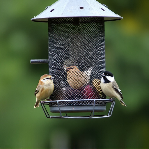 Metal mesh bird feeder with small birds