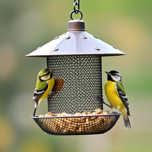 Metal mesh bird feeder with small birds