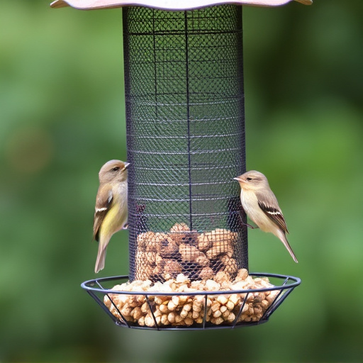 Metal mesh bird feeder with small birds