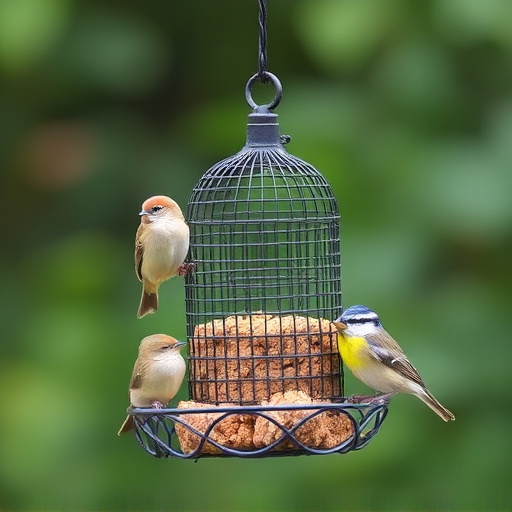 Metal mesh bird feeder with small birds