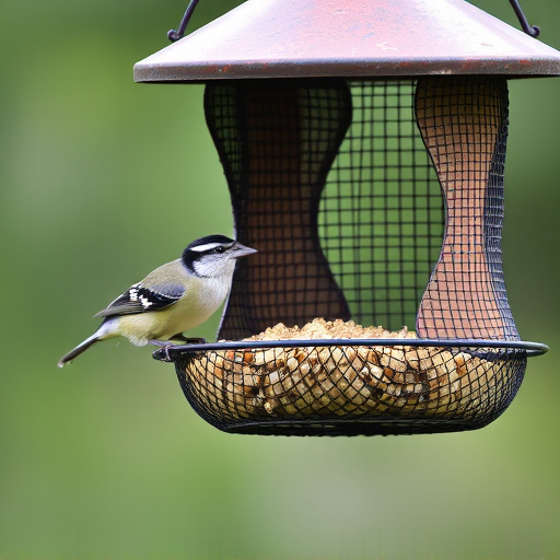 Metal mesh bird feeder with small birds