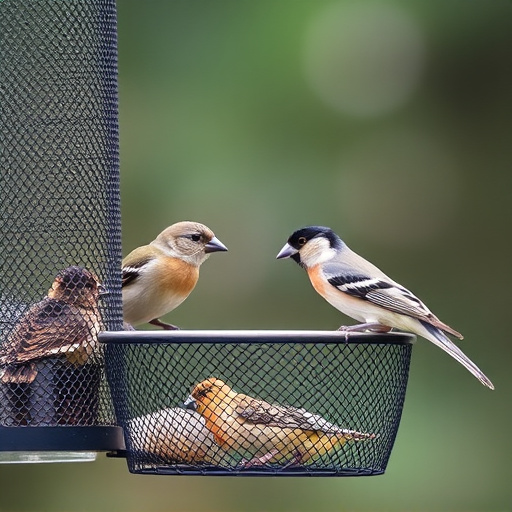 Metal mesh bird feeder with small birds