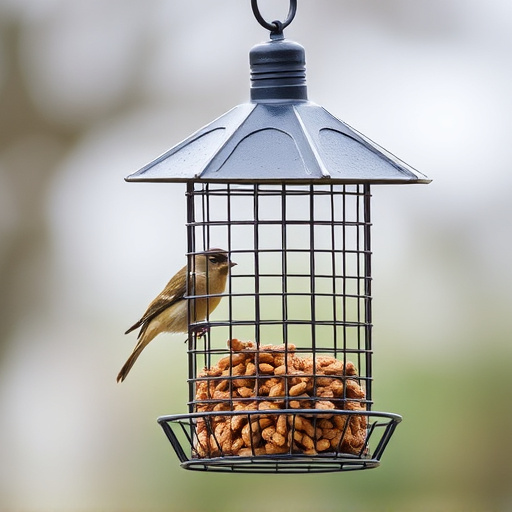 Metal mesh bird feeder with small birds