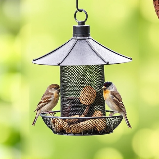 Metal mesh bird feeder with small birds