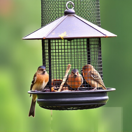 Metal mesh bird feeder with small birds