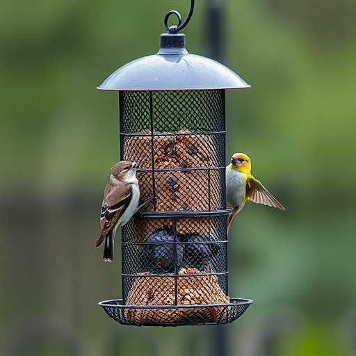 Metal mesh bird feeder with small birds