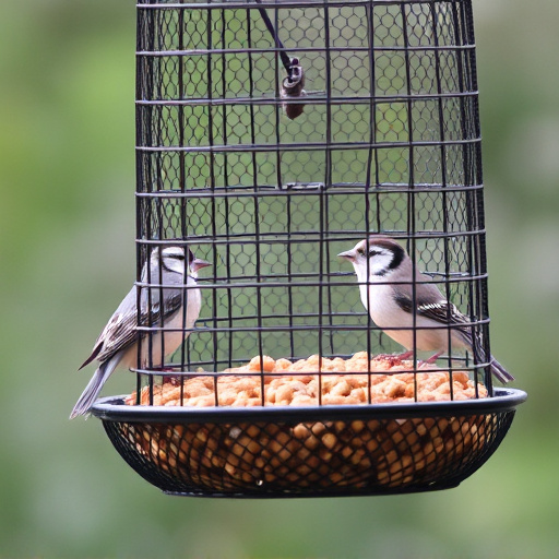 Metal mesh bird feeder with small birds