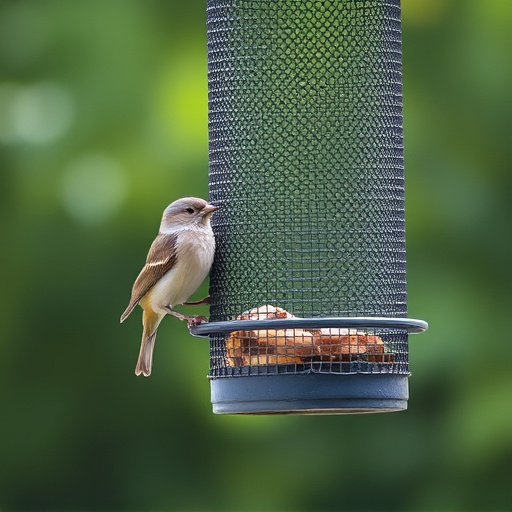 Metal mesh bird feeder with small birds