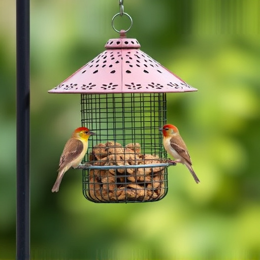 Metal mesh bird feeder with small birds