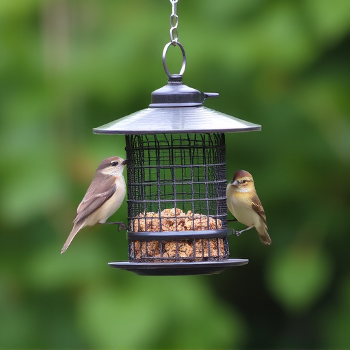 Metal mesh bird feeder with small birds