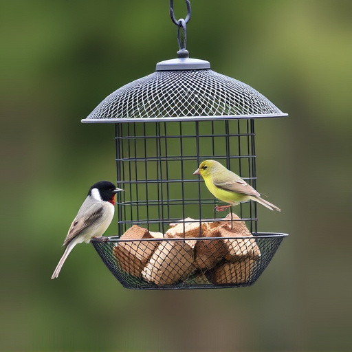 Metal mesh bird feeder with small birds