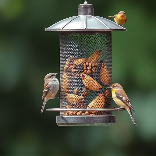 Metal mesh bird feeder with small birds