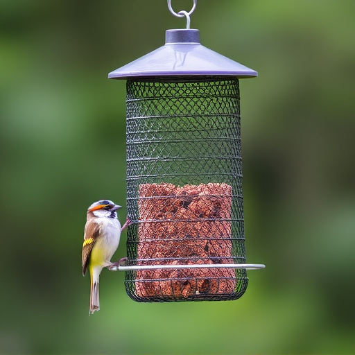 Metal mesh bird feeder with small birds