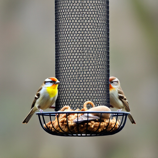 Metal mesh bird feeder with small birds