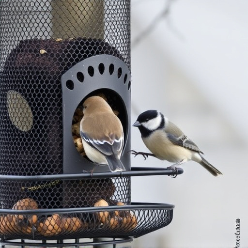 Metal mesh bird feeder with small birds