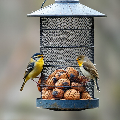 Metal mesh bird feeder with small birds