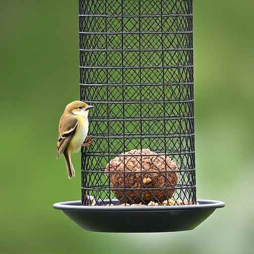 Metal mesh bird feeder with small birds