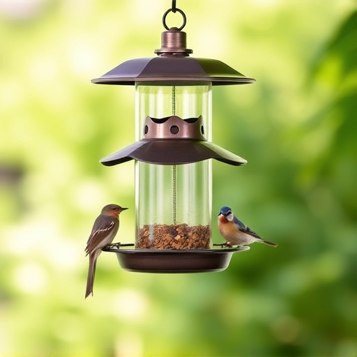 Metal squirrel-proof bird feeder hanging outdoors