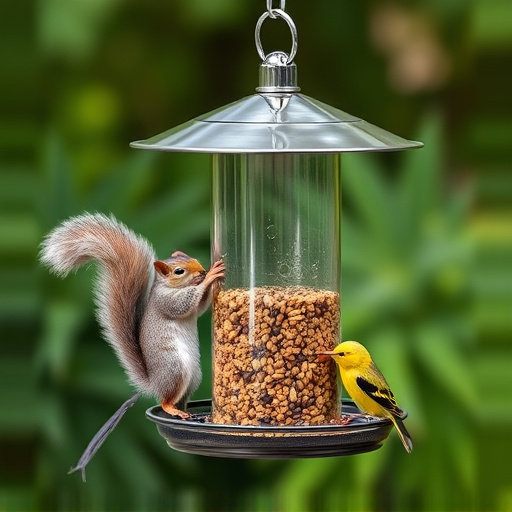 Metal squirrel-proof bird feeder hanging outdoors