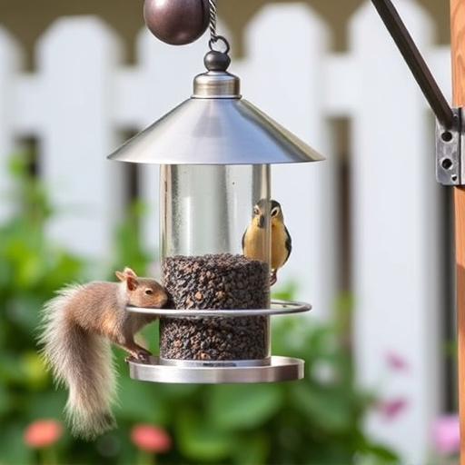 Metal squirrel-proof bird feeder in garden