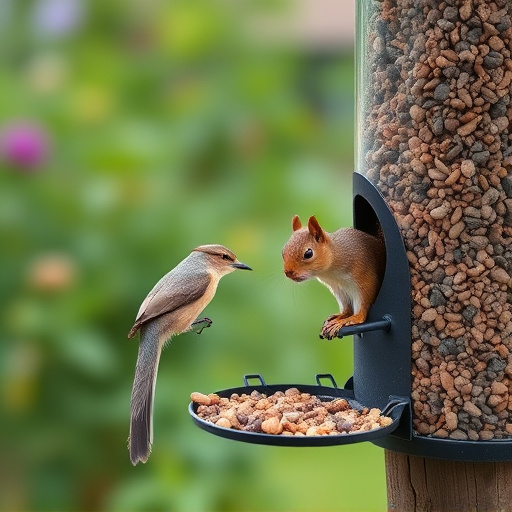 Metal squirrel-proof bird feeder in garden
