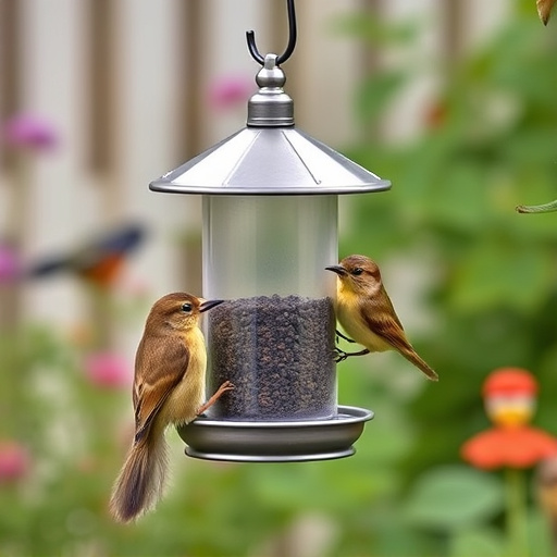 Metal squirrel-proof bird feeder in garden