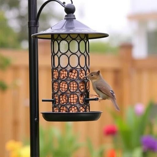 Metal squirrel-proof bird feeder in garden