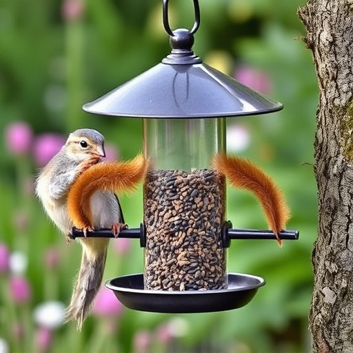 Metal squirrel-proof bird feeder in garden