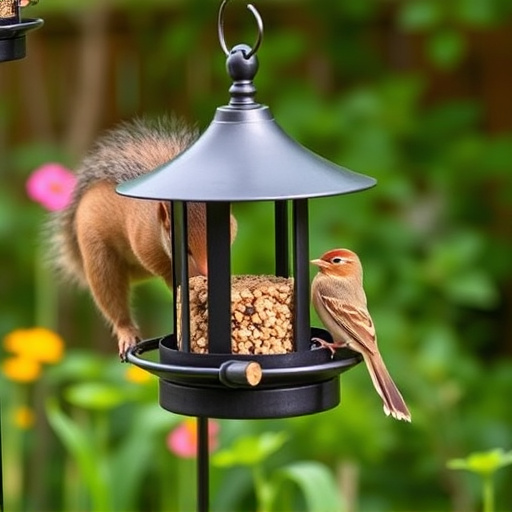 Metal squirrel-proof bird feeder in garden