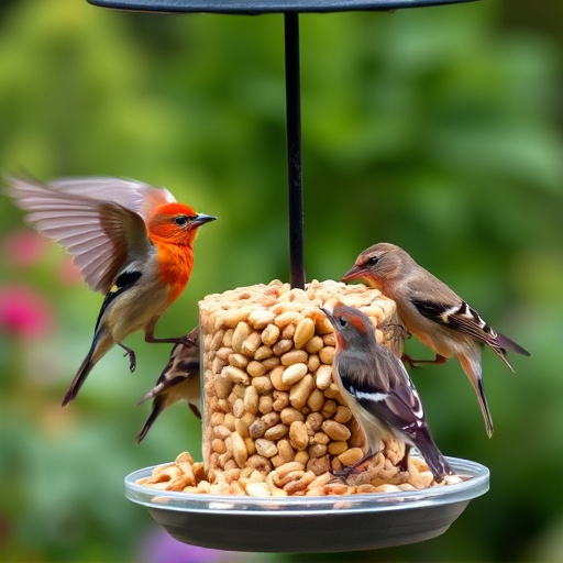 Mixed garden birds eating from peanut feeder