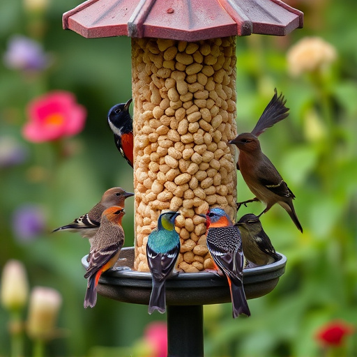 Mixed garden birds eating from peanut feeder