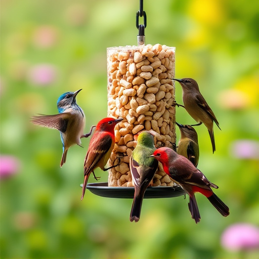 Mixed garden birds eating from peanut feeder