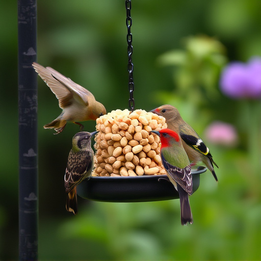 Mixed garden birds eating from peanut feeder