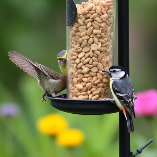 Mixed garden birds eating from peanut feeder