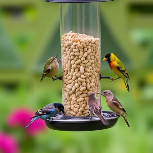 Mixed garden birds eating from peanut feeder