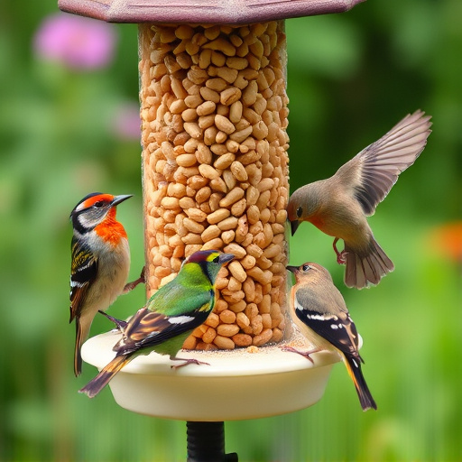 Mixed garden birds eating from peanut feeder