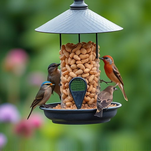 Mixed garden birds eating from peanut feeder