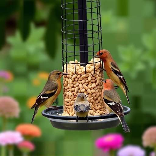 Mixed garden birds eating from peanut feeder
