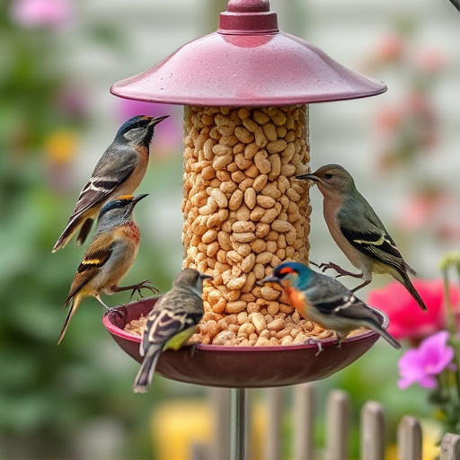 Mixed garden birds eating from peanut feeder