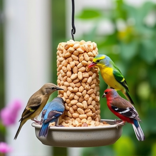 Mixed garden birds eating from peanut feeder