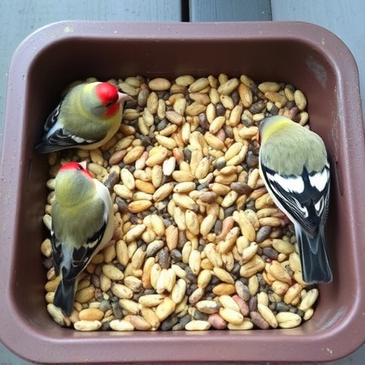 Mixed seed in shallow tray for finches
