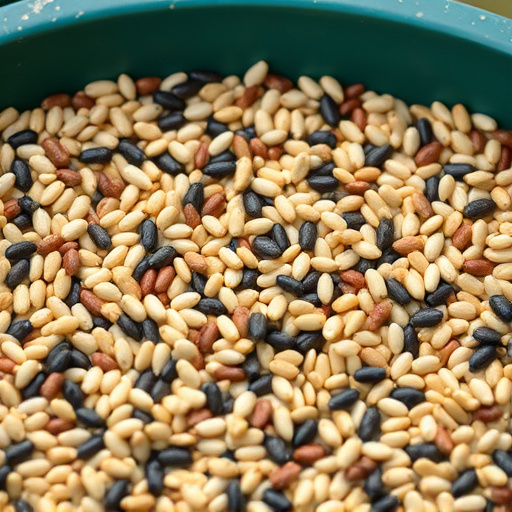 Mixed seed scattered on feeding tray