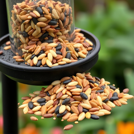 Mixed seeds spilled on garden feeder