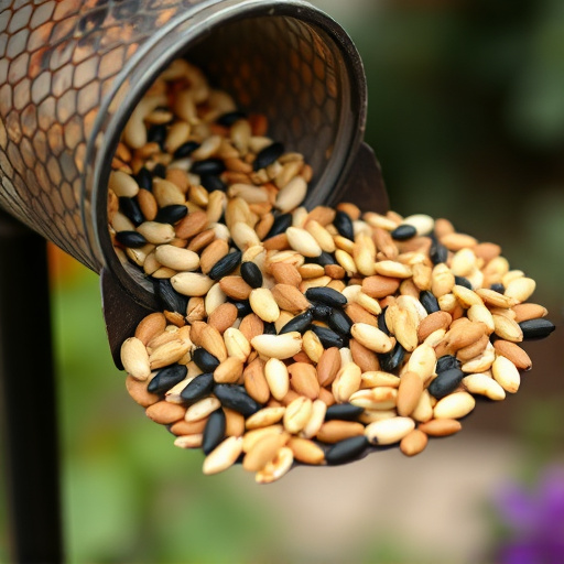 Mixed seeds spilled on garden feeder