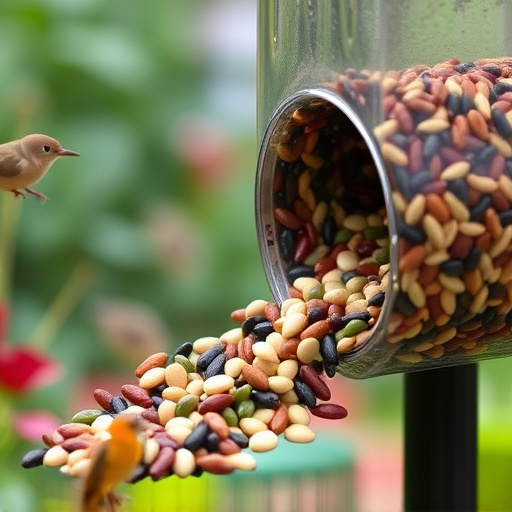Mixed seeds spilling from garden feeder